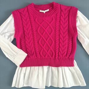 NWT English Factory Peplum Cable Knit Layered Pink Sweater White Shirt